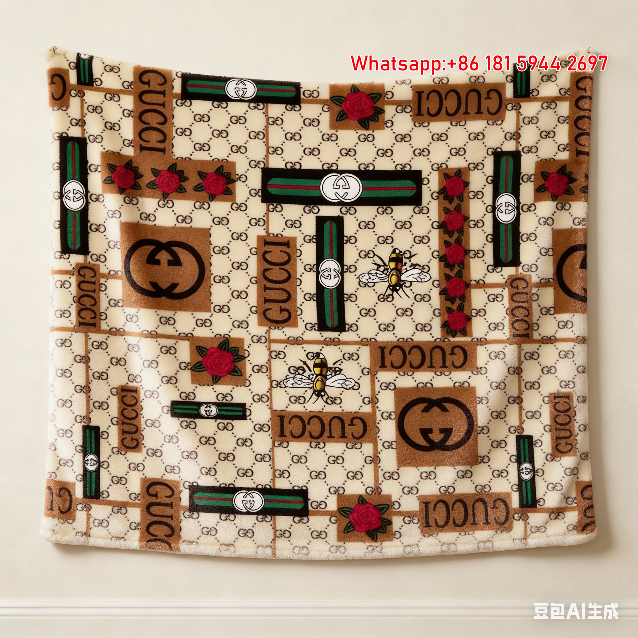 Gucci GG Monogram Rose Bee Patchwork Flannel Blanket Vintage Wall Decor throw blankets IMG_2592